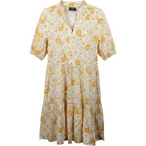 Ivy Street Dress Yellow Paisley Tiered Cotton Puff Sleeve Womens L
